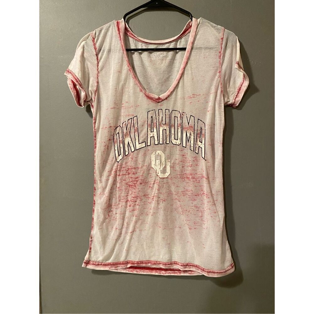 Campus Heritage Red Burnout V Neck Short Sleeve Oklahoma Sooners OU Size S